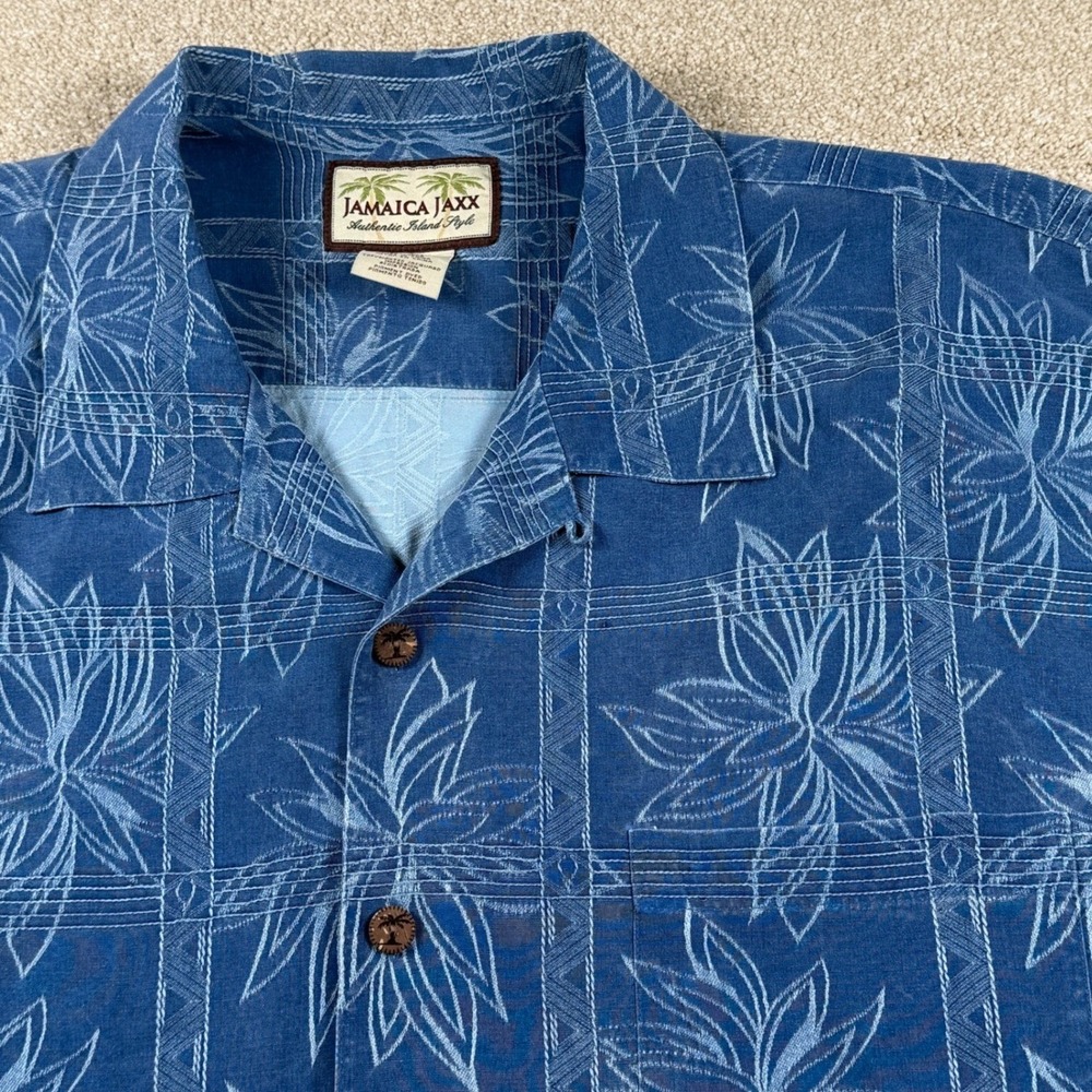 Jamaica Jaxx Mens XL Blue Silk Button Up Shirt‎ Floral Jacquard Camp Tropical